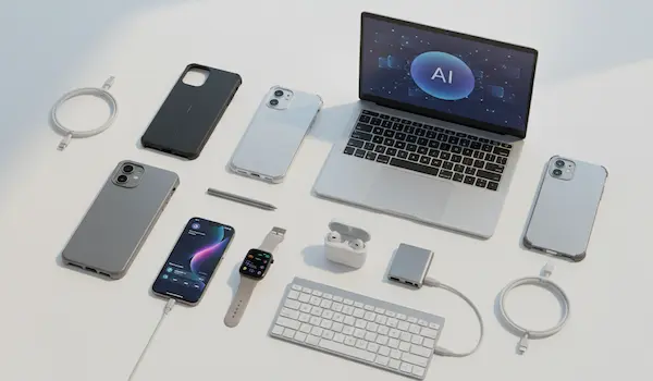 Huse telefon și accesorii IT lângă un laptop și un smartphone modern pentru lucru cu aplicații AI