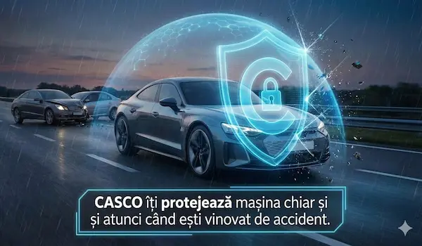 Mașină protejată de un scut digital reprezentând asigurarea CASCO împotriva accidentelor