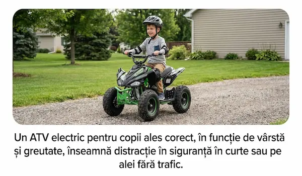 Copil pe un ATV electric copii, pe o alee din curte