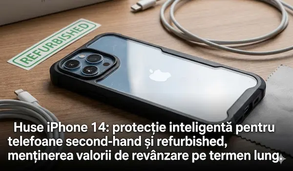 iPhone 14 refurbished protejat cu husă hibridă TPU+PC rezistentă