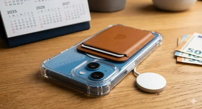 iPhone 15 cu husă de protecție și accesorii MagSafe pentru utilizare zilnică și longevitate