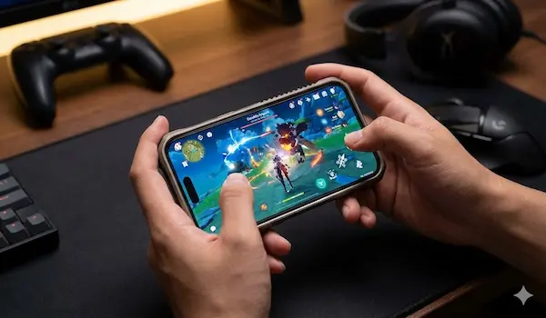 iPhone 15 Pro Max în husă de gaming cu grip texturat, rulând un joc grafic intens