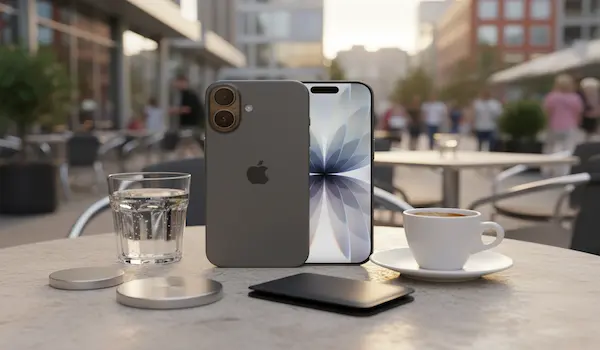 iPhone 17 cu husă de protecție modernă și accesorii MagSafe pe o masă de cafenea într-un city-break