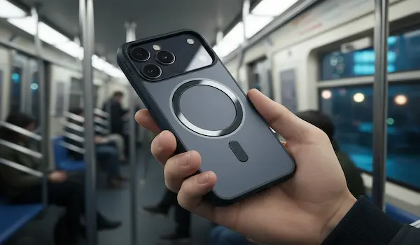 iPhone 17 Pro cu husă slim hybrid în mâna unui commuter, utilizare one-hand perfectă