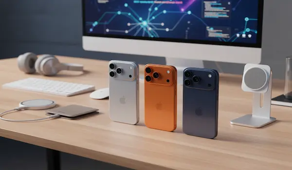 iPhone 17 Pro Max cu husă de protecție premium și accesorii MagSafe pe un birou modern pentru lucru cu AI