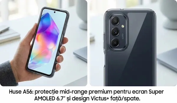 Samsung Galaxy A56 mid-range premium cu husă protejând Gorilla Glass Victus+ și modul cameră triple 50MP vertical