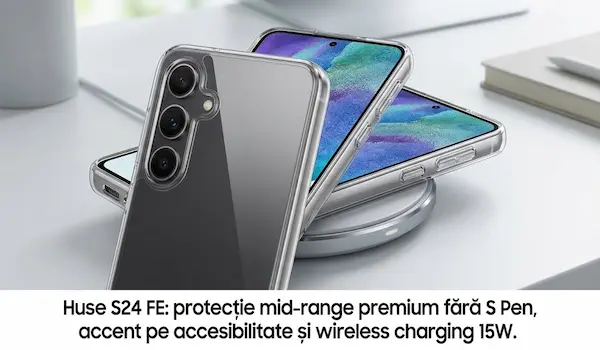 Samsung Galaxy S24 FE cu husă slim, protejând camera triple 50MP și cadru aluminiu mid-range premium