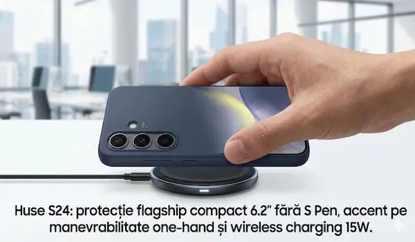 Samsung Galaxy S24 cu husă slim compact, protejând camera triple 50MP AI și design one-hand friendly