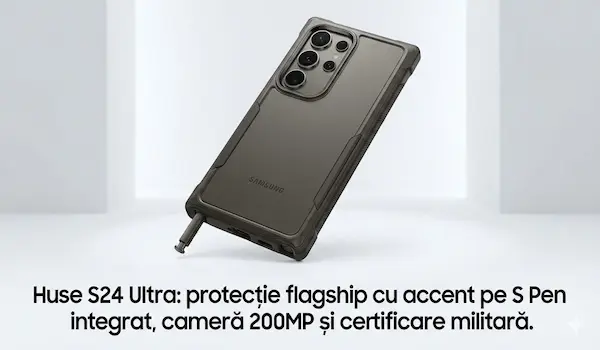 Samsung Galaxy S24 Ultra cu husă rugged, protejând S Pen-ul integrat și camera quad-lens 200MP