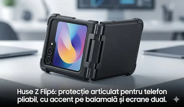 Samsung Galaxy Z Flip6 pliabil clamshell cu husă articulat, protejând balamaua și Cover Screen