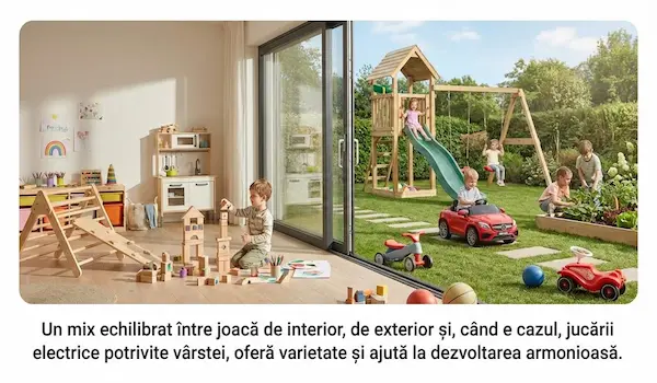 Copii jucându-se cu obiecte de interior și de exterior, într-o cameră de joacă și într-o curte